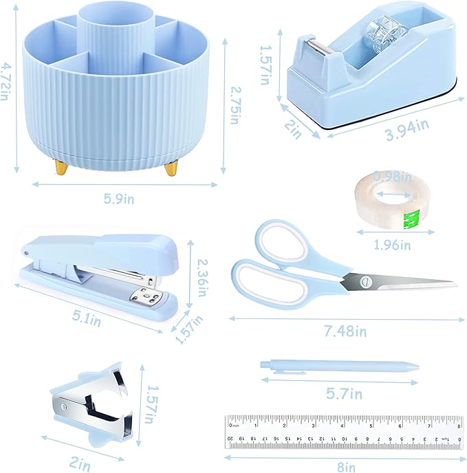 Blue Desk Accessories, Blue Office Supplies 360°Pen Holder Desk Organizers and Accessories with Tape Dispenser, Stapler, Staple Remover, 1000 Staples, Tape, Clips Set, Ruler, Scissor, Pen