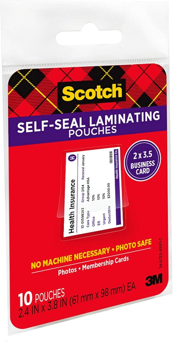 Scotch Self-Sealing Laminating Pouches, 25 Pack, Business Card Size, Great for Gift Tags