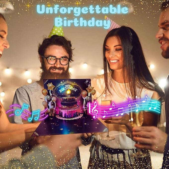 Birthday Gift Card, 3D Pop Up Birthday Card with Light and Music & Interative Candle, Birthday Cards Birthday Gifts for Women Men Kids