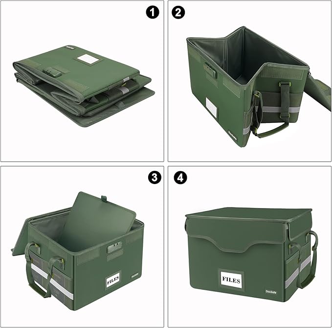 DocSafe File Box Fireproof Document Box with Lock,File Storage Organizer Box with Mesh Inserts&Zipper Lid,Collapsible Portable File Box Home Office File Cabinet with Handle for Hanging Folders,Green