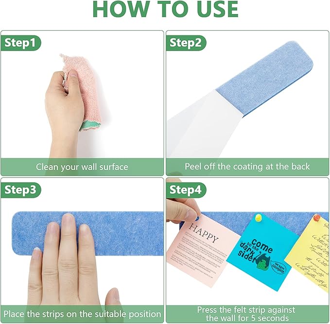 8 Pcs Felt Pin Board Bar Strips Bulletin Board for Bedrooms Offices Home Wall Decoration, Notice Board Self Adhesive Cork Board with 50 Push Pins for Paste Notes, Photos, Schedules (Multi-Blue)