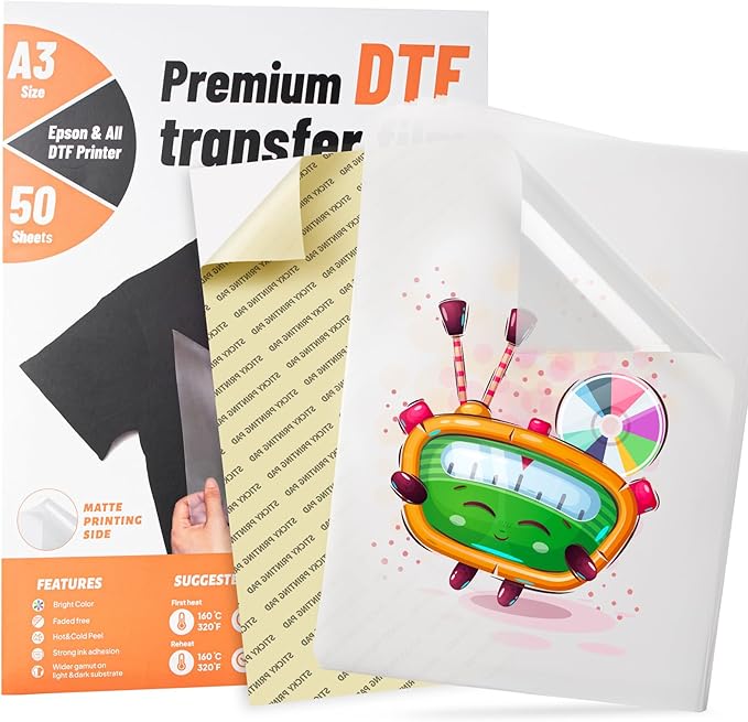 KASYU DTF Transfer Film, 50 Sheets 11"*17" DTF Paper with Smart Printing Pad for All Sublimation&DTF Printers,DTF Film for Sublimation Hack,Upgraded Direct to Film for All Color Fabric