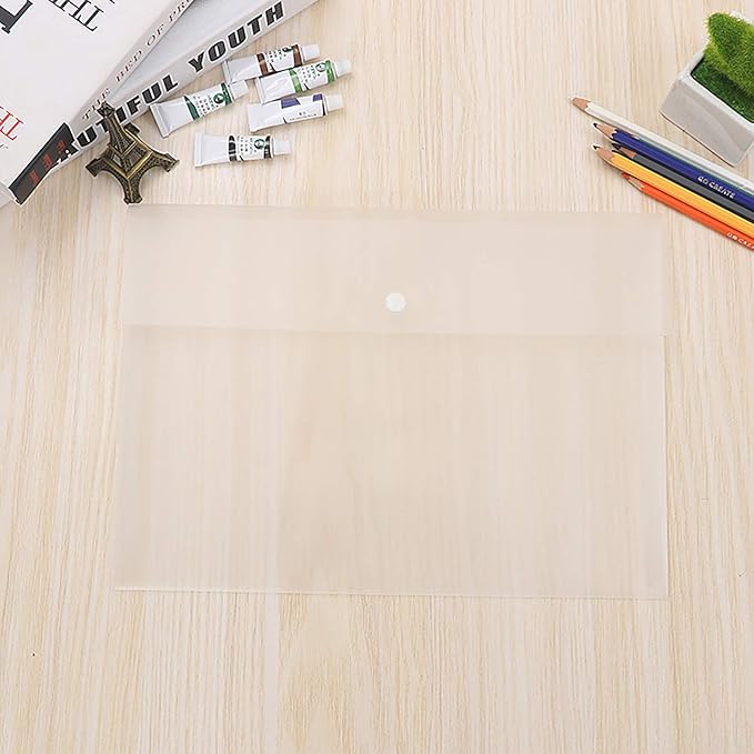 VANRA Poly File Folder Pockets File Jacket Plastic Envelope Flat Document Letter Organizer with Snap Button Closure A4 Letter Size (Pack of 5, Translucent)