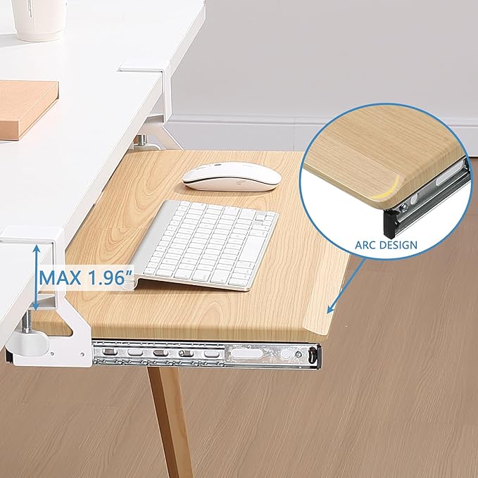 ETHU Keyboard Tray Under Desk, 26.8" x 12.2" Pull Out Steel Smooth Glide Sliding Keyboard Drawer, C Clamp Computer Keyboard Stand Ergonomic Desk Extender Tray for Home Office(Oak)