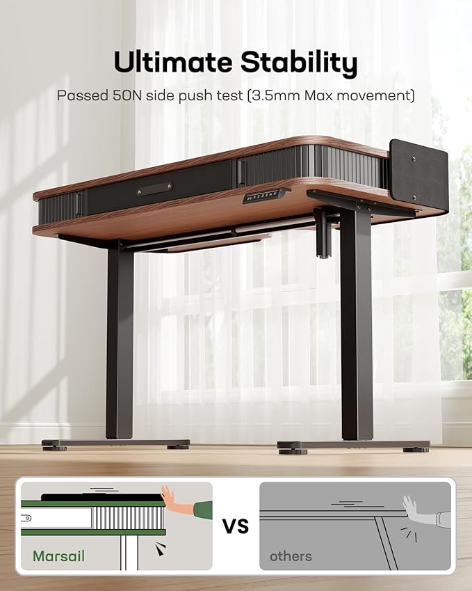 Marsail Electric Standing Desk Whole-Piece Desktop 55 x 28 Inches Height Adjustable Desk with 3 Drawers Home Office Table with 3 Memory Preset