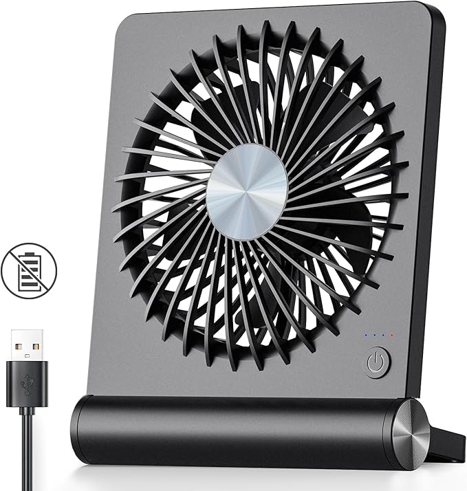 Koonie Desk Fan, Strong Wind Ultra Quiet Small USB Fan 180° Tilt Folding 3 Speeds Adjustable USB-C Powered Personal Fan for Home Office Desktop Black