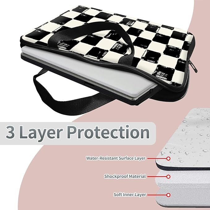 Laptop Sleeve Case Bag 13 inch, Black and White Checkered Slim Carrying Case Durable Handbag Travel Laptop Bag for 13 inch MacBook Air M3/M2/Pro M2/ 13" iPad Pro/Air M4/M2 2024