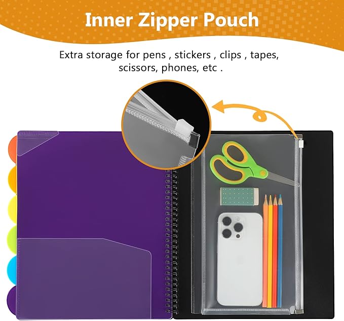 KTRIO 24 Pocket Poly Project Organizer, Spiral Binder Organizer Multi Pocket Folder with Dividers, Back Cover Utility Pouch, Letter Size School Supplies