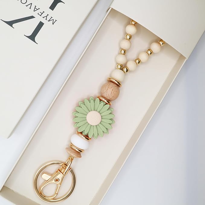 Wooden Teacher Lanyards for Id Badge Cute Flower Wood and Gold Beaded Lanyards for Women for Nurse Badge