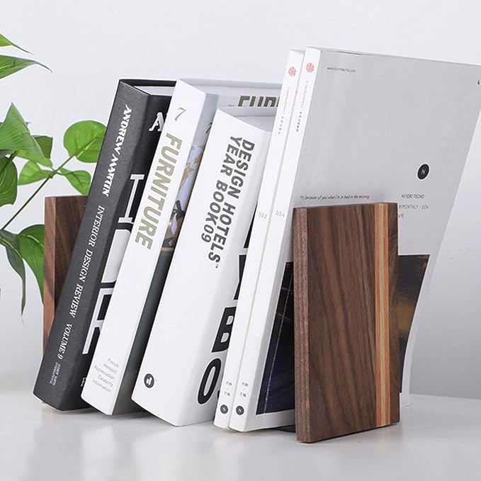 Muso Wood Artist Bookends, Decorative Bookshelf Book Ends Heavy Duty Bookends Desktop Organize Books Wooden Book Ends for Home Office Kitchen 6"x4" (Walnut)