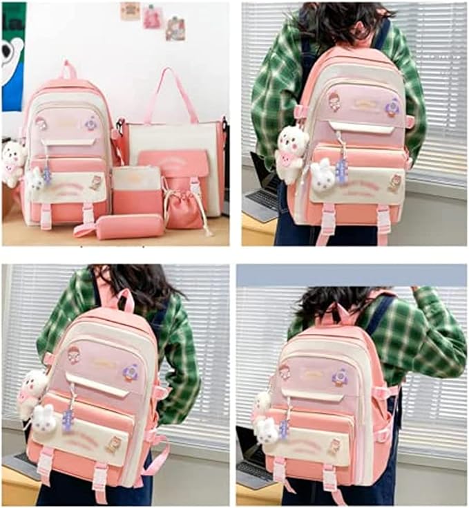Kawaii Backpack 5Pcs Set Lightweight aesthetic backpack,Teens laptop computer cute backpacks for girls (Cartoon backpack,one size)