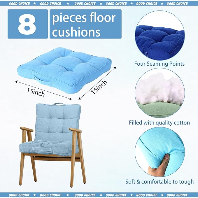 Gerrii 8 Pieces Floor Cushions for Kids Classroom Flexible Floor Seating Cushions Floor Pillows for Home School Kindergarten Daycare Nursery(Blue and Green Series,Square)