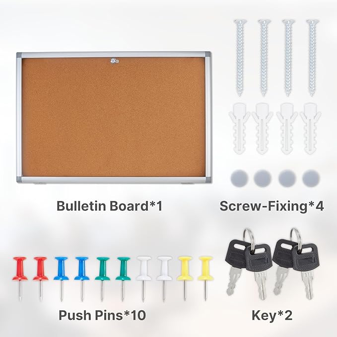 Outdoor Enclosed Cork Bulletin Board Tamper-Proof Dispaly Case, Aluminium Frame, Weatherproof Cork Noticeboard, Enclosed Cork Board for School, Office, Restaurant, Hospital etc(38 * 26inches)