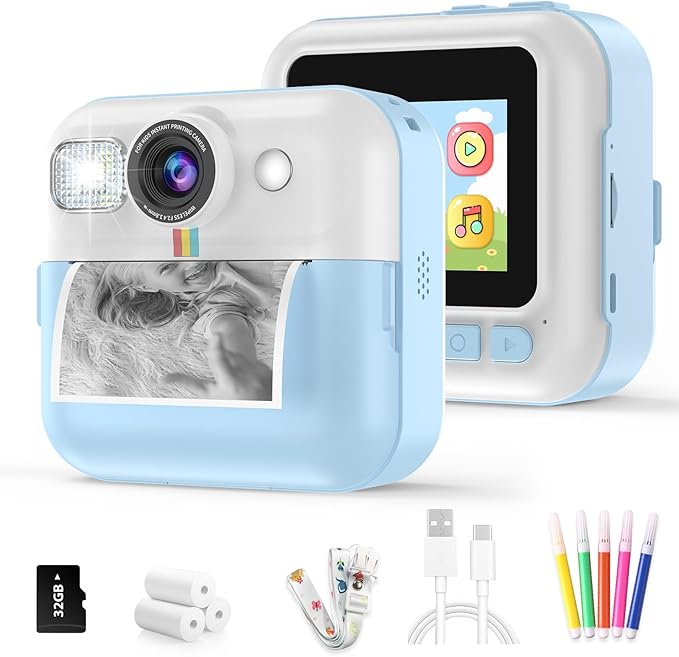 Kid Camera for Boys,Portable Toddler Blue Printing Camera Toy 1080P Video Cameras Children Instant Print Camera for Kids 3 Print Paper & 32G Card Christmas Birthday Gifts(Blue)