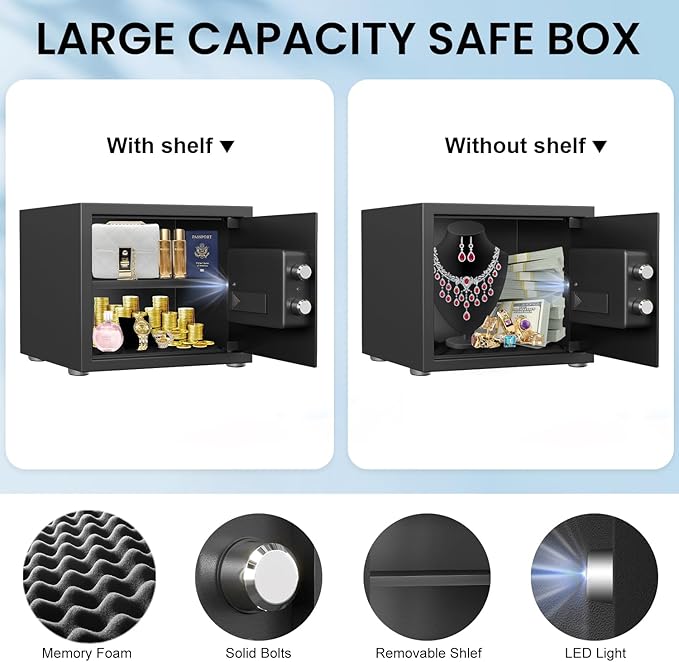 Kavey Home Safe with Backlit Touch Screen Keypad, Dual Alarm System, Fireproof, Mute Function, LED Light for Money Documents