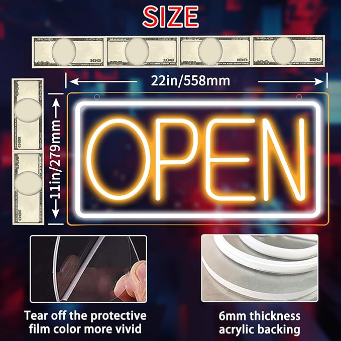 Open Signs for Business Ultra Bright LED Neon Open Signs 22 Inch Plug In Electric Light Up Open Sign with ON/OFF Switch for Business Storefront Window Glass Door Shop Florists Bar Salon Cafes Pubs