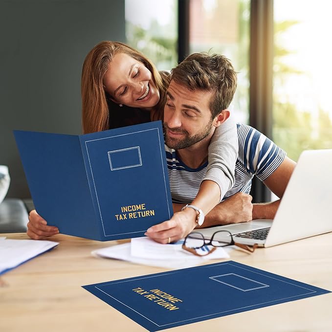 Kisston 100 Pcs Tax Return Folders Bulk 2 Pocket Gold Foil Stamped Income Tax Folders with Blank Labels Business File Office Organizer (Blue)