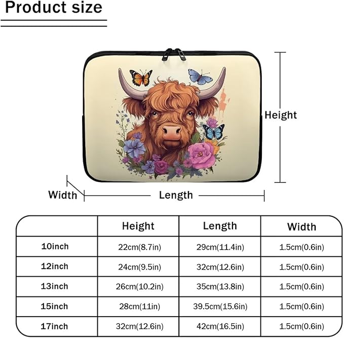 Highland Cattle Laptop Sleeve for Women 10 inch Lap Top Case Lightweight Laptop Protector Zippered Pouches with Humanize Design Computer Carrying Case Flower Cow Tablet Bag Briefcase