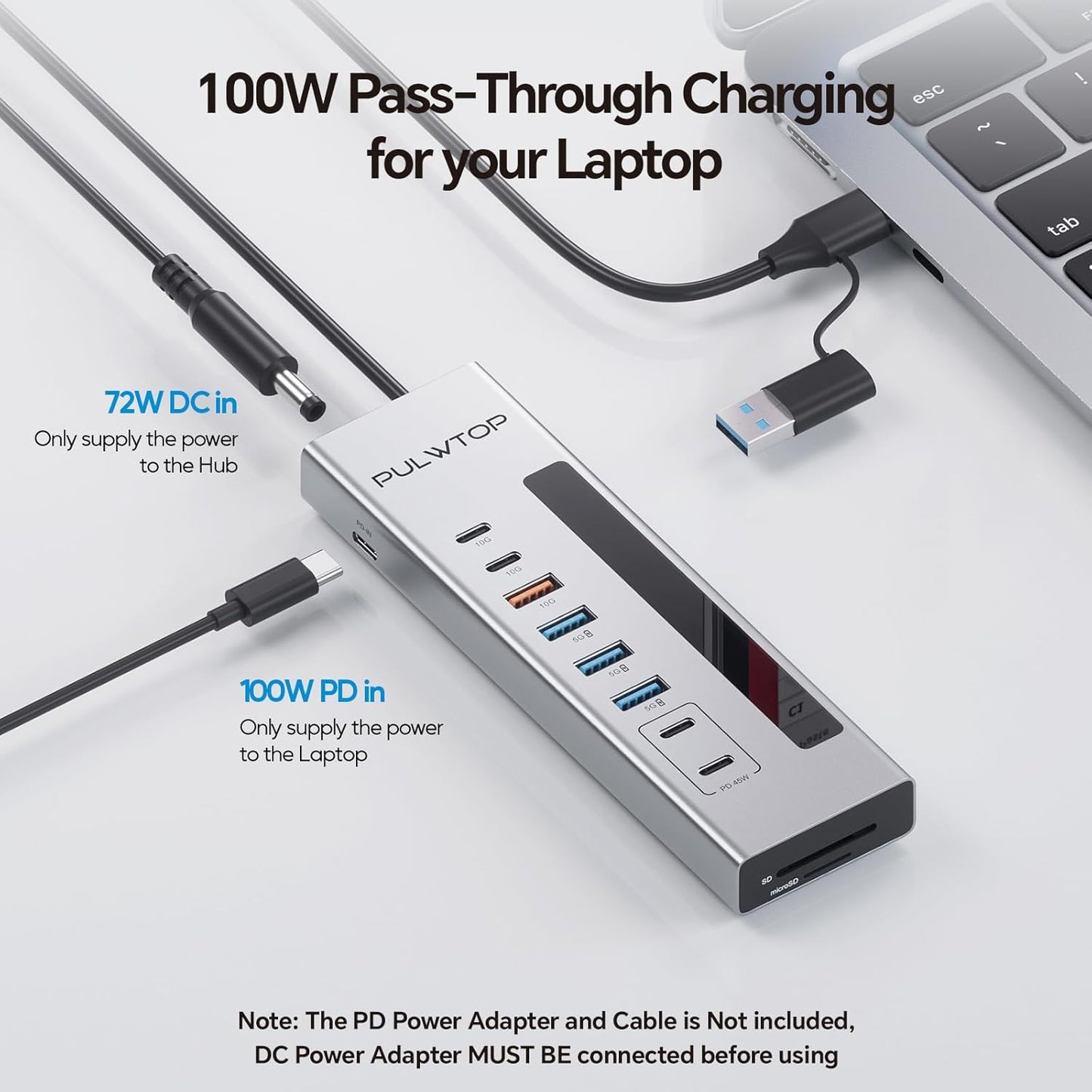 Powered USB C Hub, PULWTOP 11-in-1 USB Hub with SD/TF, 2*USB-C 10Gbps, 4*USB-A 5/10Gbps and 2 * 24/45W Type-C PD Charging Ports (Not Support Video), USB Powered Hub (72W DC Adapter Included)