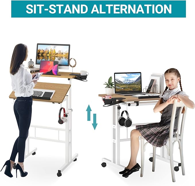Klvied Stand Up Desk on Wheels, Portable Computer Desk for Home Office,Rolling Desk for Laptop with Removable Cup Holder, Adjustable Laptop Cart for Standing or Sitting,Khaki