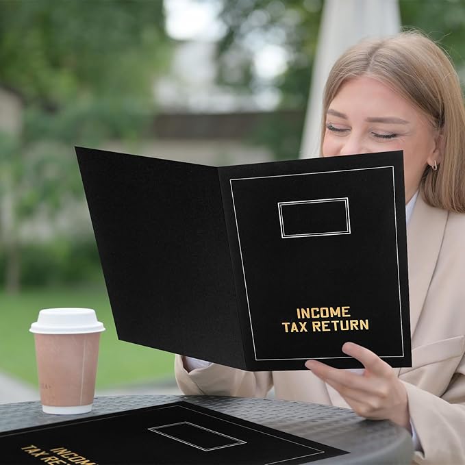 Kisston 50 Pcs Tax Return Folders Bulk 2 Pocket Gold Foil Stamped Income Tax Folders with Blank Labels Business File Office Organizer (Black)