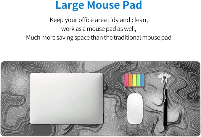 3D Topographic Map Mouse Pad Grey White Gaming Mouse Pad XL Mouse Pad Large Desk Pad Non-Slip Rubber Base Keyboard Mouse Mat with Stitched Edges for Home Office Work