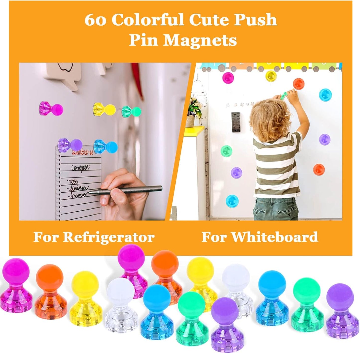 60Pcs Push Pin Magnets, Small Strong Refrigerator Magnets for Whiteboard, Funny Cute Decorative Fridge Magnet, for Locker School Classroom Calendar Kitchen Office Dry Erase Board Map Magnetic Push Pin