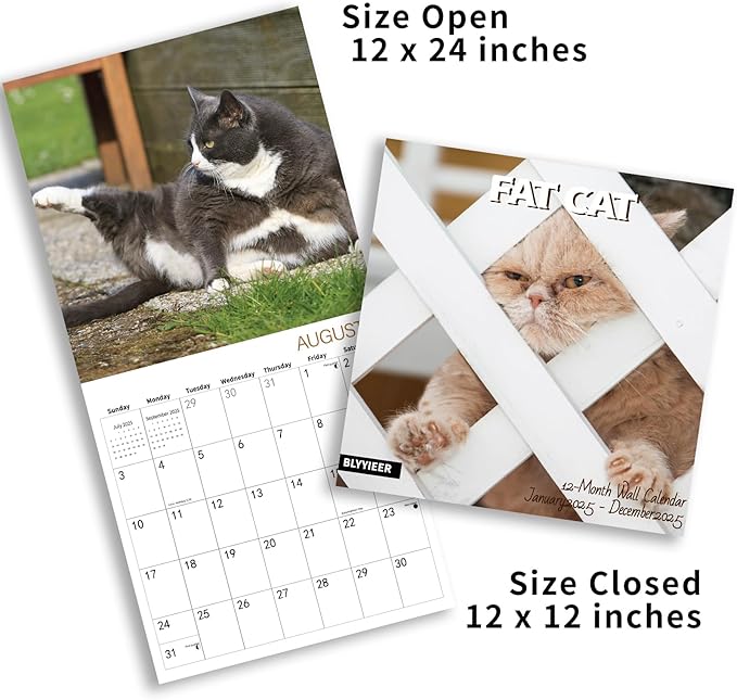 2025 Wall Calendar,Calendar 2025,Fat Cats Monthly Wall Calendar, 12" x 24" Open,Family Planner Calendar Organizer with funny fat cats Images, for Cats Lovers