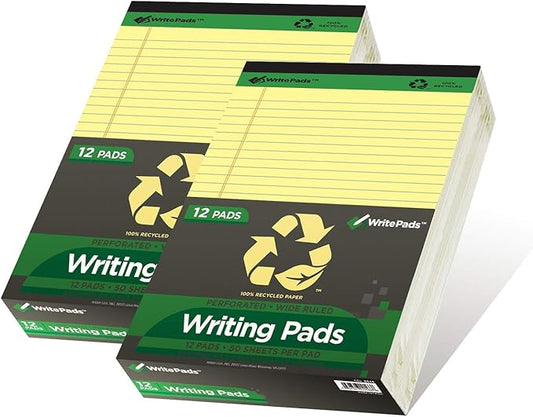 KAISA Legal Pads Writing Pads Recycled Paper, Wide Ruled 8.5"x11.75" Perforated 50 Sheets Notepads 8-1/2"x 11-3/4" Writed Pad, Canary 24Pads, KSU-5668