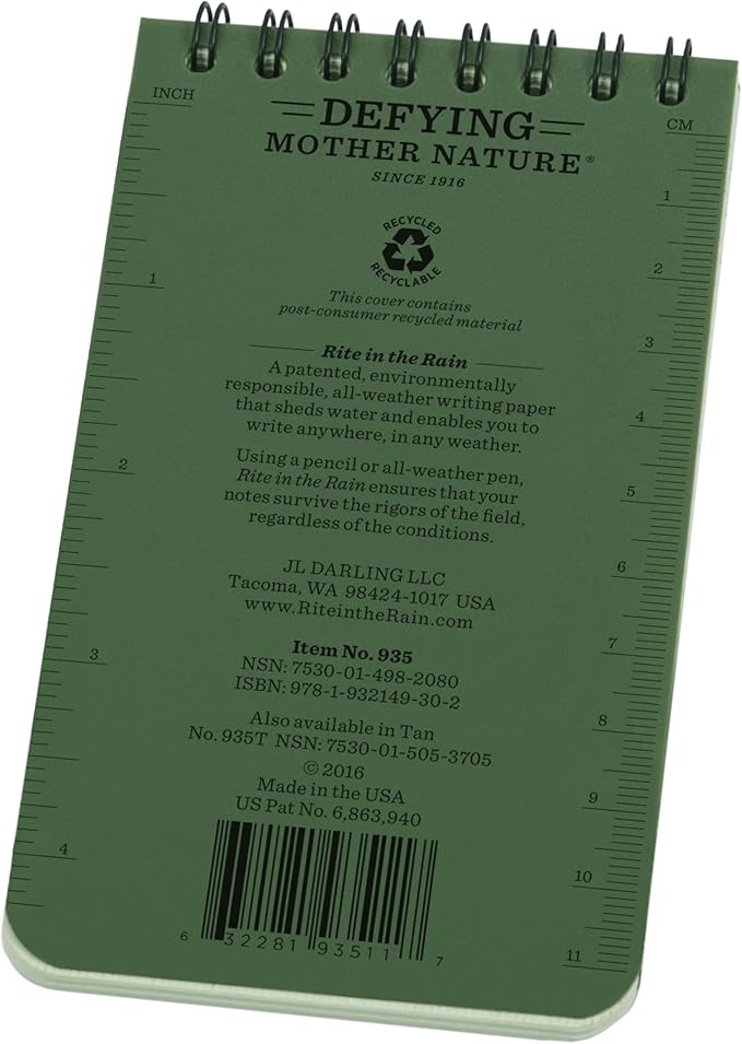 Rite in the Rain Weatherproof Top Spiral Notebook, 3" x 5", Green Cover, Universal Pattern, 3 Pack (No. 935-3X)