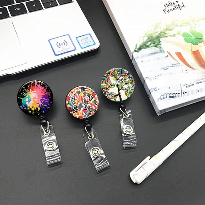 Retractable ID Badge Holder Nurse Badge Reels with Clip Name Card Holders for Office Worker Doctor Nurse (Tree Leaf Burst 3 Pack)