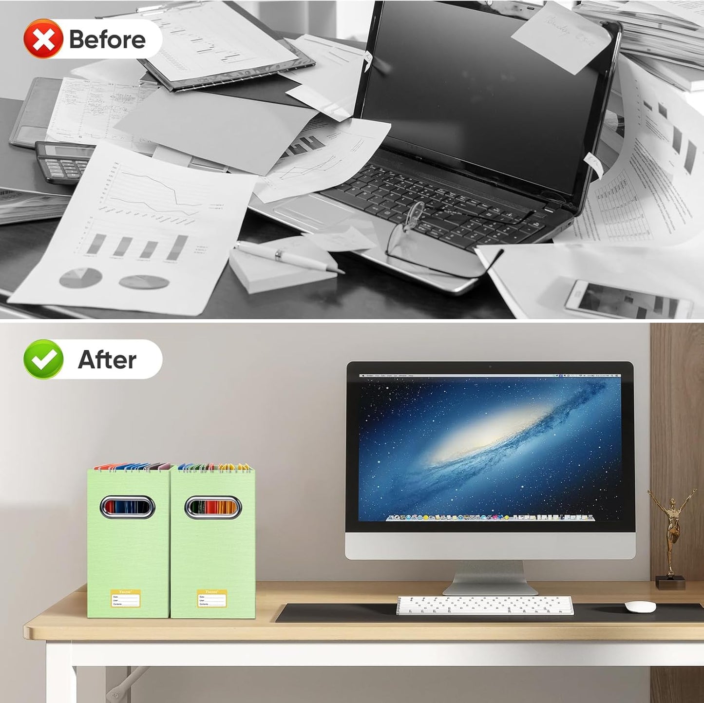 BALEINE File Organizer Box, Cardboard File Folder Organizer with Handle for Letter Size, Portable Collapsible Hanging Filing Box for Home Office Document Storage (4 Pack, Green)