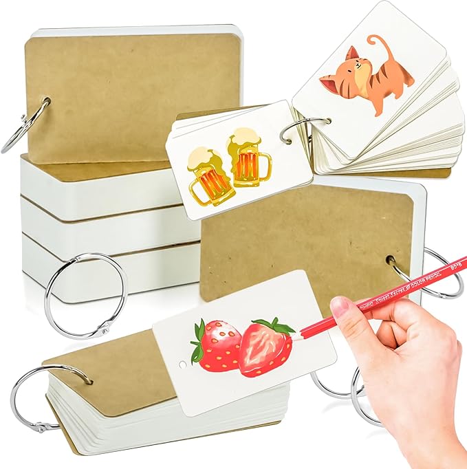 MotBach 300 Sheets White Blank Flash Cards with Binder Rings,3.5 x 2.2 Inch Index Cards, Small Note Cards Study Cards Learning Cards Kraft Paper Cards, Easy Flip Mini Index Note Flashcards (6 Pack)