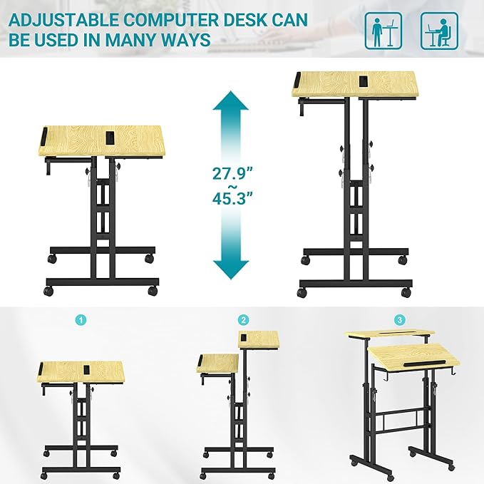 Klvied Stand Up Desk on Wheels, Portable Computer Desk for Home Office,Rolling Desk for Laptop with Removable Cup Holder, Adjustable Laptop Cart for Standing or Sitting,Natural