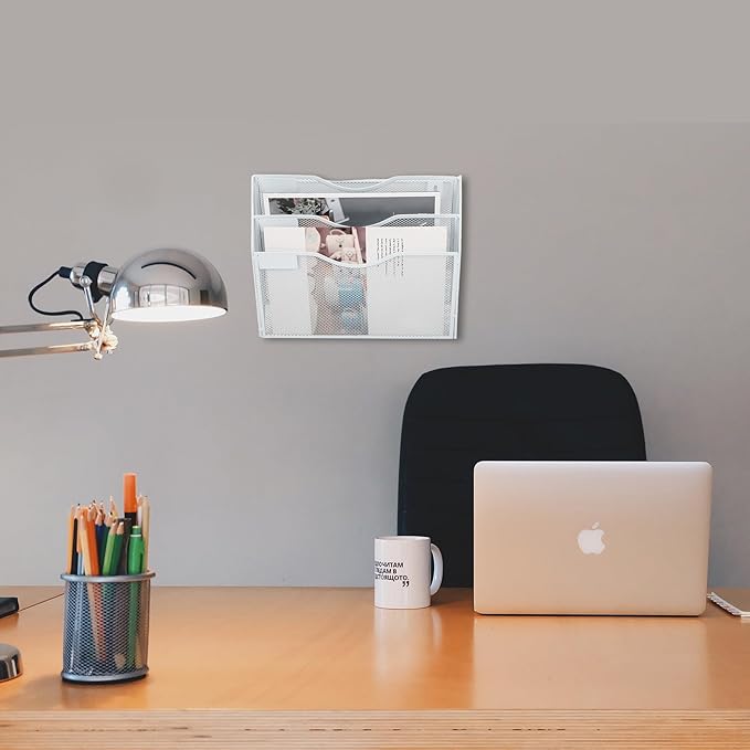 EASEPRES 3 Pocket Mesh Hanging Wall File Organizer, Wall Mounted Mail Paper Document Folder Holder, Clipboard Storage Organization Magazine Rack with Nametag Label for Office Home School, White