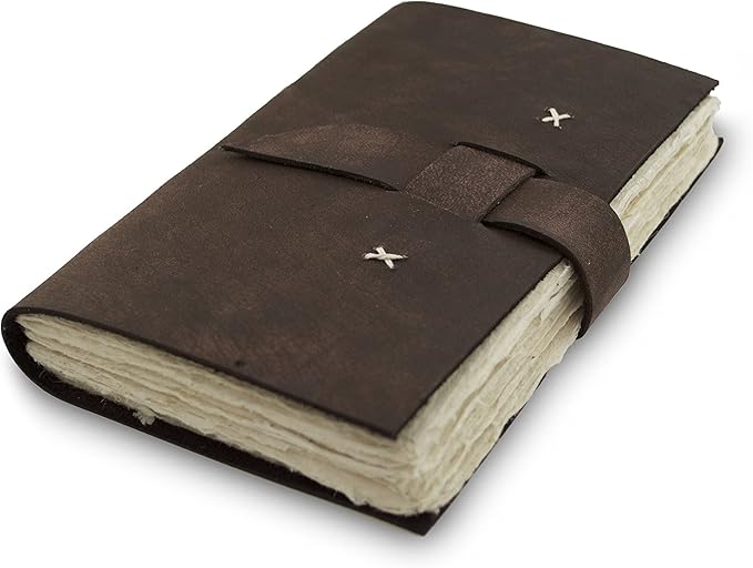 Kathmandu Valley Co. Nepali Traveler Vintage Leather Journal with Handmade Lokta Paper, 5x8 inch Office Notebook Planner, Made in the Himalayas of Nepal, Dark Brown Walnut