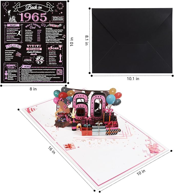 60th Birthday Card for Women, Jumbo 3D Pop Up 60th Birthday Gifts for Mom Grandma, Back In 1965 Happy 60 Year Old Sister Birthday Decorations Cards Card for Her, Rose Gold