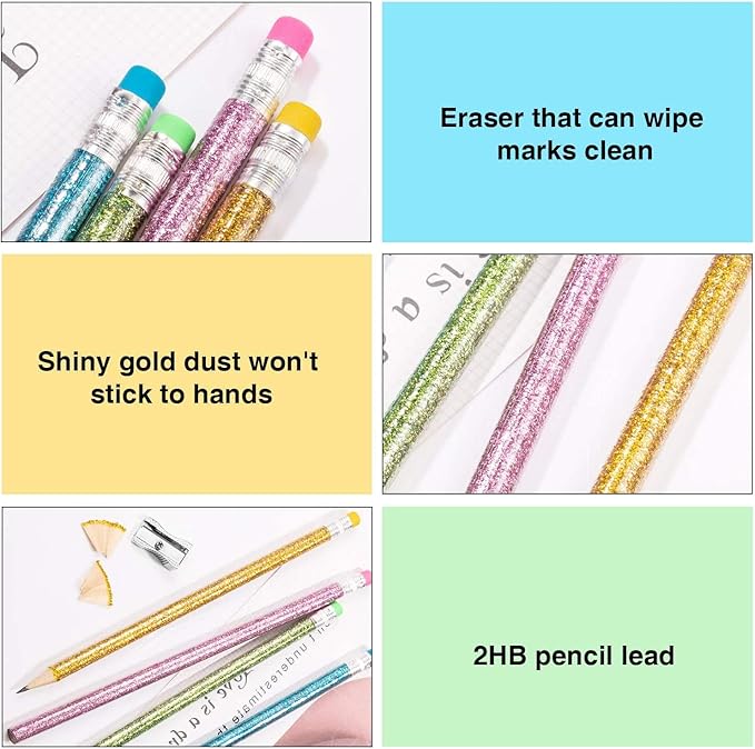 Outus 34 Pieces Glitter Pencils with Eraser Wood Colorful Pencils and Sharpeners for Graduation Kids Writing Painting