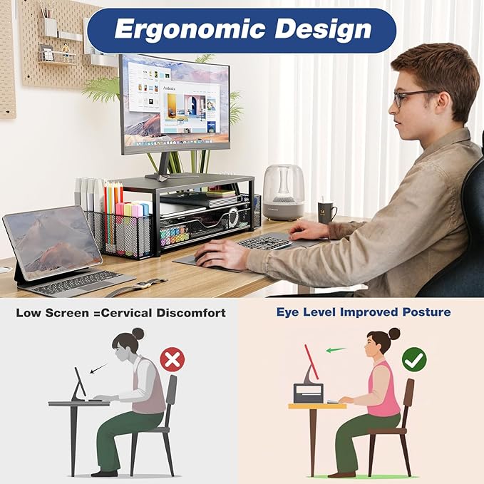 Desk Organizers and Accessories, 2-Tier Computer Monitor Stand for Desk Organizer with Drawer and 2 Pen Holders, Office Desk Accessories Workspace Desktop Organizers for Office Supplies, Green