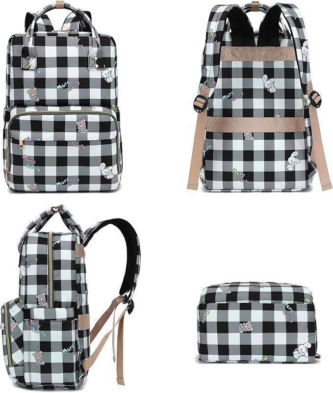 Checkered Laptop Backpack College Bookbag School Backpack for Women Girls, Travel Backpack 15.6 Inch Computer Backpacks (Bear Rabbit Black)