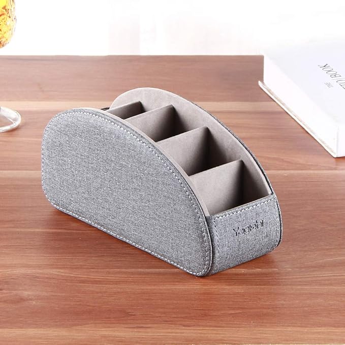 TV Remote Control Holder with 5 Compartments,Pu Leather Remote Caddy/Box/Tray Nightstand Desktop Storage Organizer Store DVD,Blu-Ray,Media Player,Heater Controllers and Makeup Office Supplies Grey