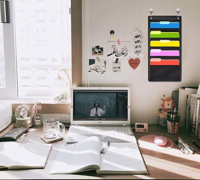 Hanging Wall File Organizer, 5 Pocket, Black Wall Storage Pocket Charts with 2 Hangers, Oxford Cloth Storage Pocket, Over The Door File Organizer, Great for Classroom, Home or Office Use (5 Pocket)