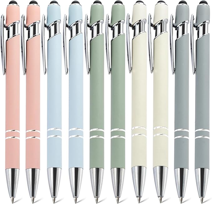 Ballpoint Pens with Stylus Tips,10 Pcs Retractable Metal Stylus Pen for Touch Screens, 1.0 mm Black Ink(Morandi color)