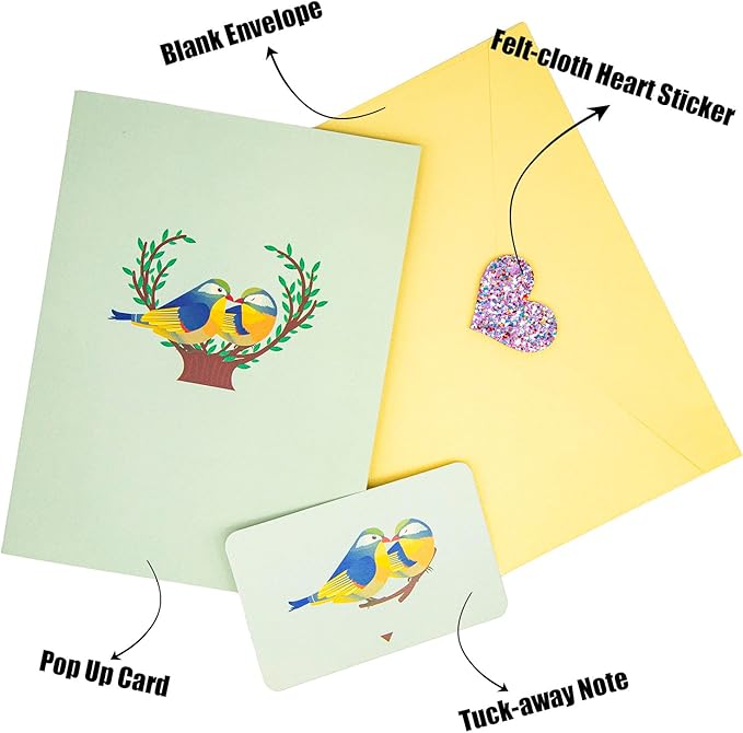 Love Birds Pop Up Card, Couple Finches Kissing, Romantic Bird Card, 3D Greeting Cards for All Occasions, Valentine’s Day, Happy Birthday, Anniversary, Wedding