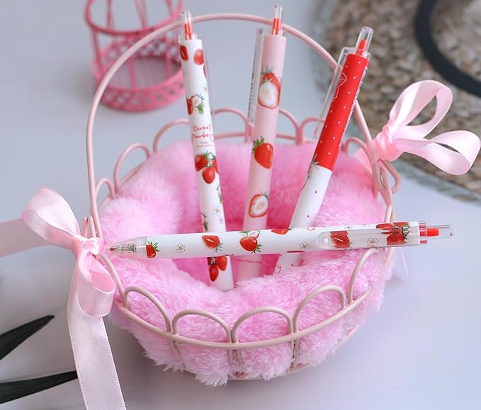 YYaaloa 12pcs Cute Strawberry Pens Black Gel Ink Pens Retractable 0.5mm Gel Pens Nice Gifts Fun Pens for Kids Girls Boys Christmas Gifts