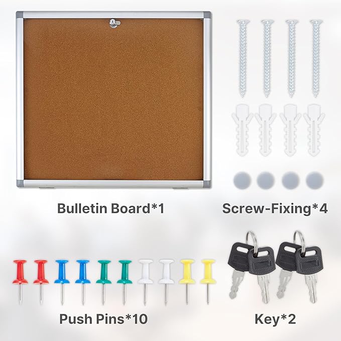 Outdoor Enclosed Cork Bulletin Board Tamper-Proof Dispaly Case, Aluminium Frame, Weatherproof Cork Noticeboard, Enclosed Cork Board for School, Office, Restaurant, Hospital etc(28 * 26inches)