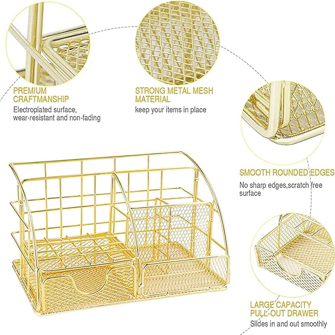 JUOPIEA Desk Organizers and Accessories Office Supplies Organizer with Pen Holder, 72 Clips Set and Phone Stand, Metal Mesh Desktop Organizers with Drawer for Home, Office, School Ect (Gold)