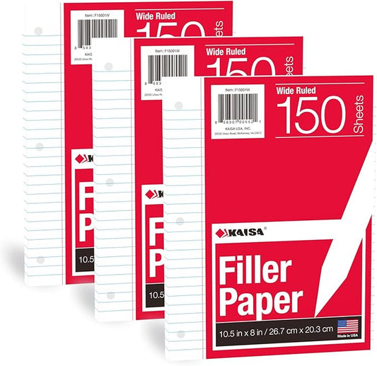 KAISA Filler Paper Loose Leaf Paper, Wide Ruled Paper, 8"x10-1/2", 3-Hole Punched Binder Paper For 3-Ring Binders,150 Sheets/pack 3Pack, F15001W