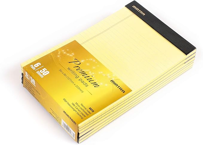 Mintra Office Legal Pads - ((PREMIUM CANARY 6pk, 5in x 8in, NARROW RULED)) - OVERSTOCKED - Heavyweight Paper, 50 Sheets per Notepad, Micro perforated Writing Pad, Notebook Paper for School, College, Office, Professional