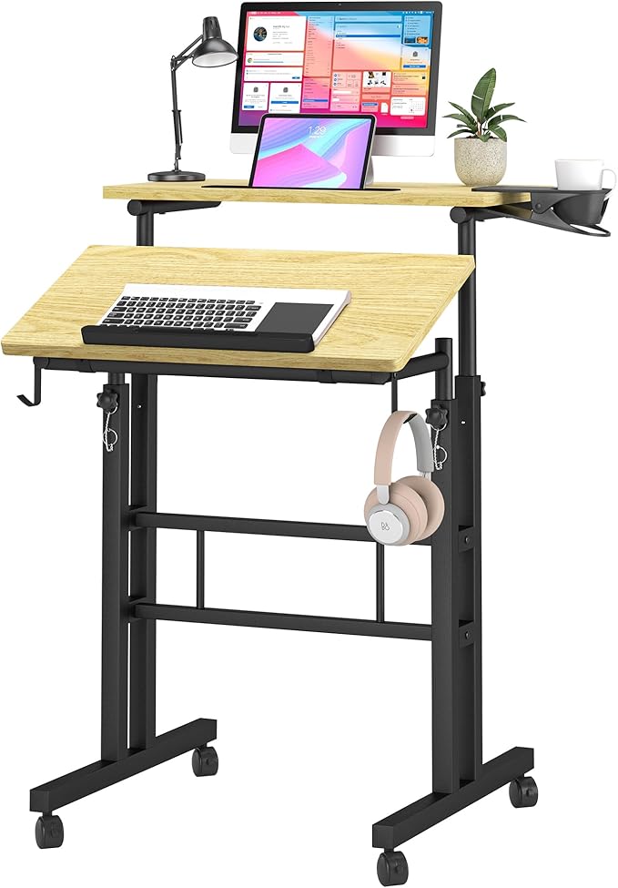 Klvied Stand Up Desk on Wheels, Portable Computer Desk for Home Office,Rolling Desk for Laptop with Removable Cup Holder, Adjustable Laptop Cart for Standing or Sitting,Natural